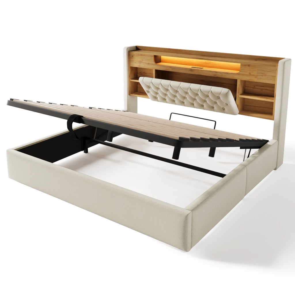 Letto Imbottito Contenitore 180x200 con LED e USB ¨C MINIMAL ¨C Beige, Tessuto Lino, Idraulico