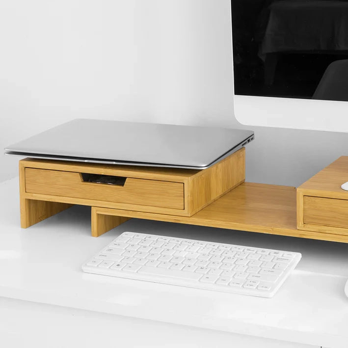 Supporto Monitor pc da scrivania per 2 Monitors Angoli Girevole con 2 cassetti e Gomma Antiscivolo in Legno massello di bambù BBF04-N