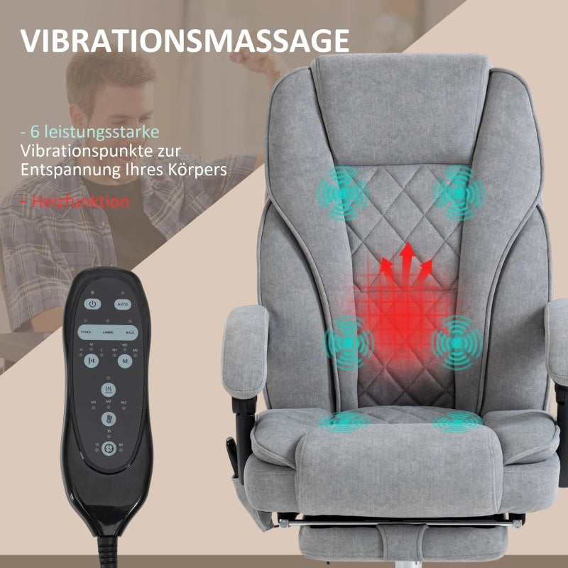 Sedia da ufficio con massaggio vibrante, calore lombare, schienale reclinabile a 135°, poggiapiedi, tessuto grigio