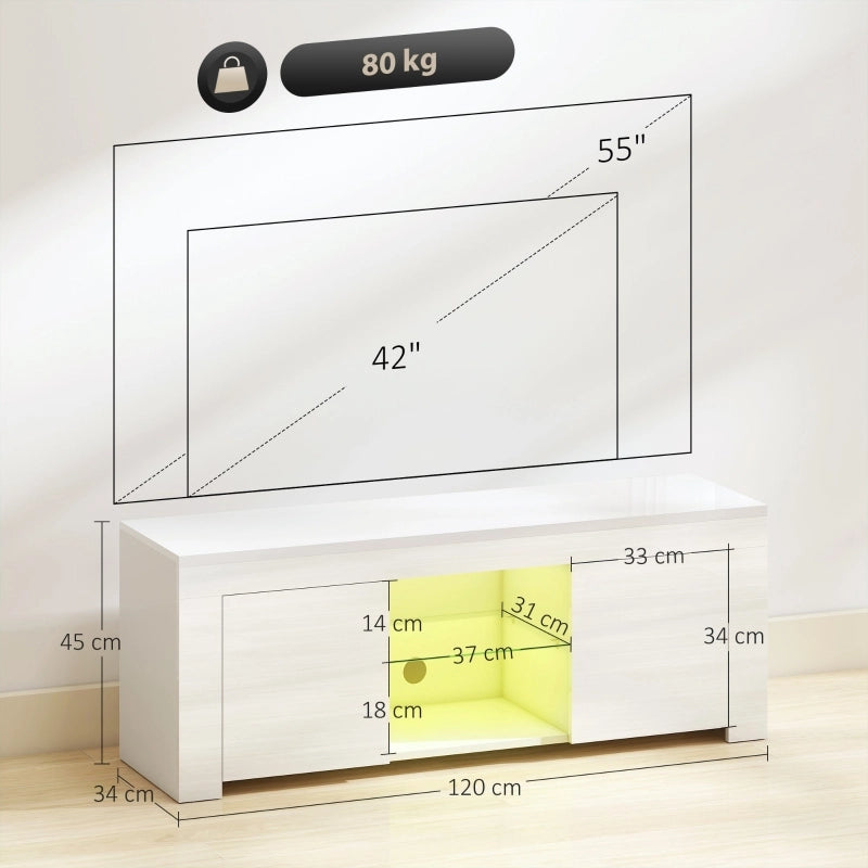 Mobile porta TV con LED RGB 2 ante 2 vani aperti e ripiano in vetro moderno per soggiorno bianco 120 × 34 × 45 cm