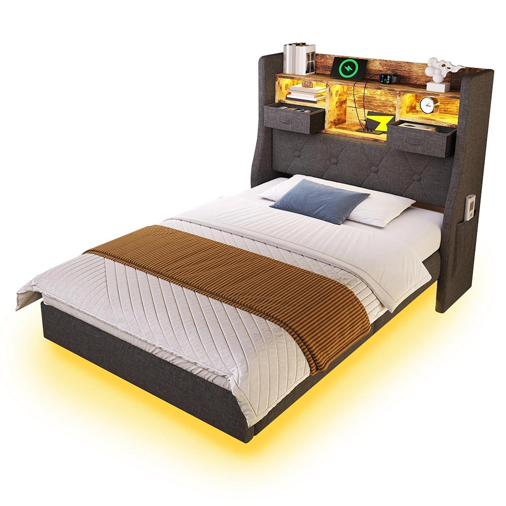 Letto Singolo Sospeso 90x200cm - Xylo - Testiera LED con USB/Type-C, Tessuto Lino Grigio