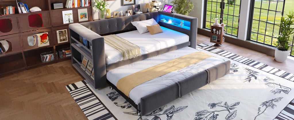 Divano letto multifunzionale 90/180x190 cm in flanella grigio scuro con LED, presa integrata e vani contenitore