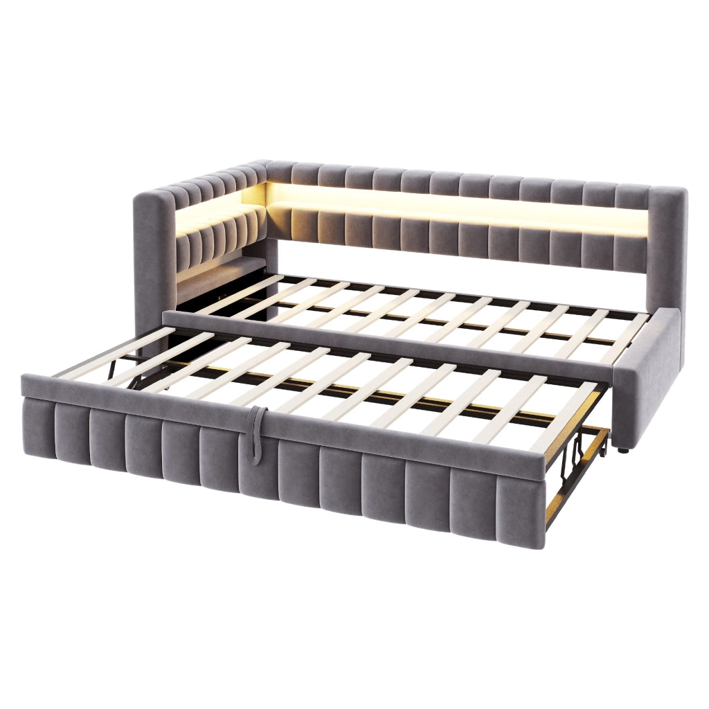 Letto imbottito 90x200 cm con letto estraibile, LED, porte USB e ripiani, grigio
