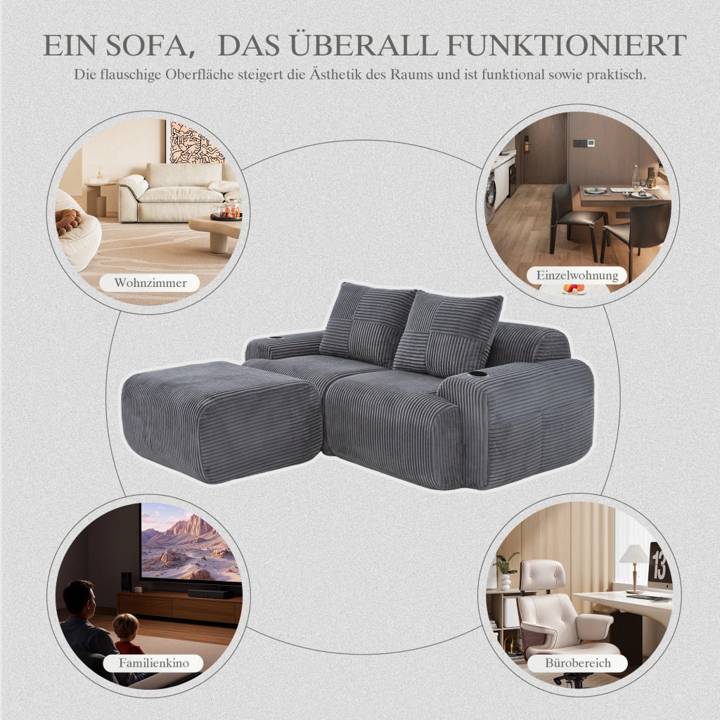 Divano modulare 2 posti in tessuto a coste con portabicchieri e tasca laterale grigio scuro 200 × 174 × 80 cm