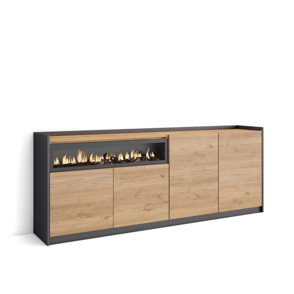 Credenza, Mobile, Cucina, 207x80x37 cm, 4 Porte, Camino elettrico, Rovere e nero