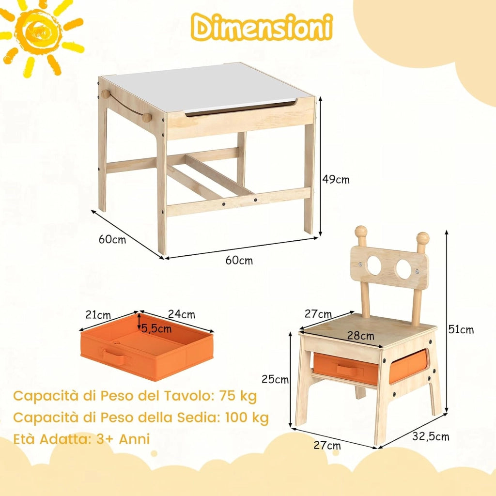 4 in 1 Set Tavolo e Sedie per Bambini 3+ Anni, Tavolo in Legno con Lavagna Reversibile Bianca e Nera, Sedie Ergonomiche con 2 Cassetti Portaoggetti, Ideale per Arti, Mestieri e Giochi (Robot)