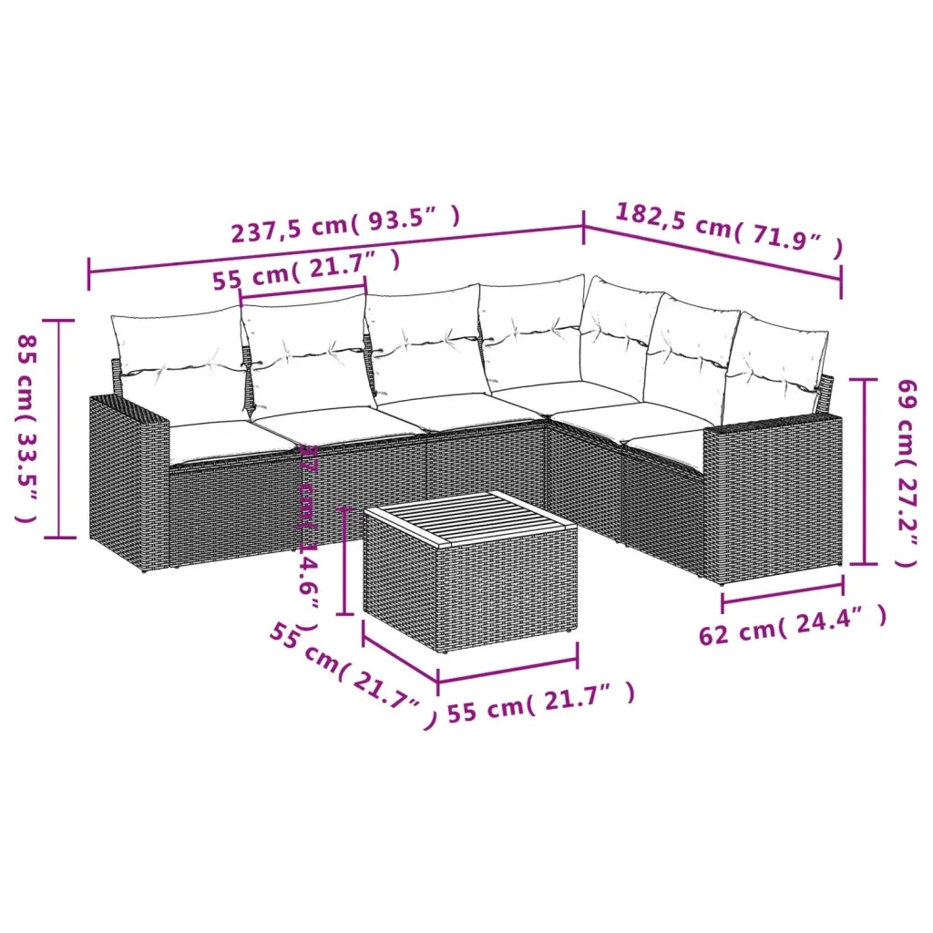 Set Divani da Giardino 7 pz con Cuscini Beige in Polyrattan