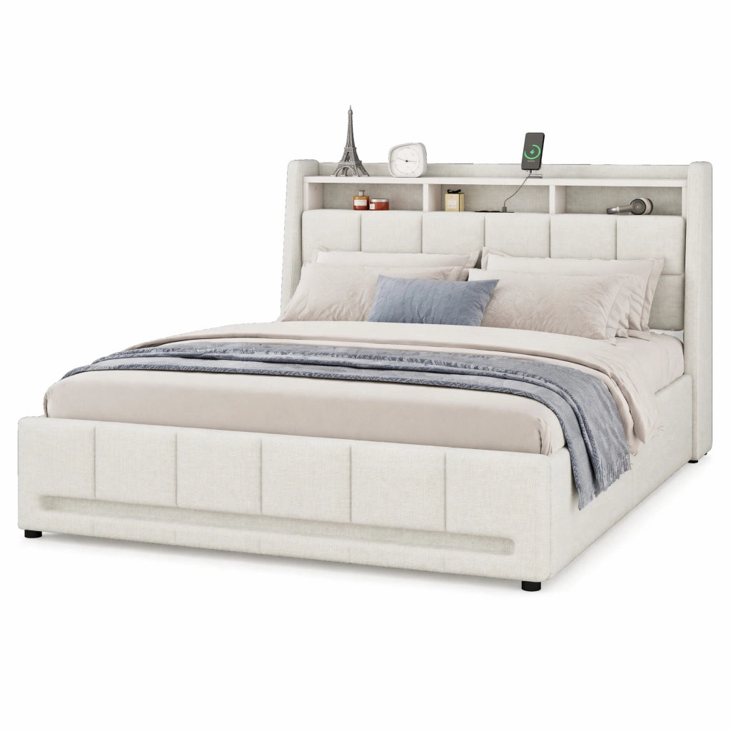Letto imbottito 140 x 200 cm in lino e MDF, beige, con LED APP, USB, 2 cassetti e vani contenitore, senza materasso
