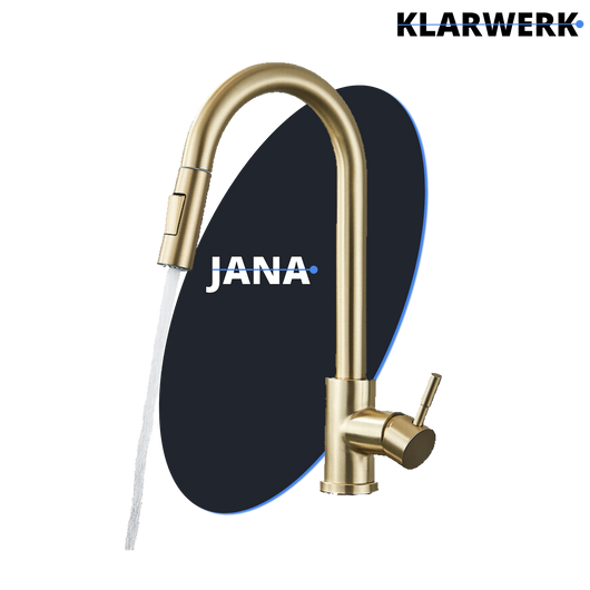 JANA | Rubinetto da cucina estraibile Premium in acciaio inox spazzolato oro | Rubinetto gastro alta pressione ruotabile a 360° 2 attacchi