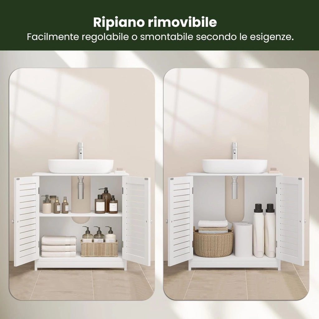 Mobiletto Sottolavabo Sottolavello Bianco Armadietto sotto Lavandino per Bagno con Due Ante in Legno