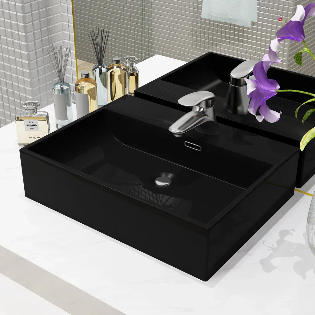 Lavandino con Foro Rubinetto in Ceramica Nero 51,5x38,5x15 cm CFW4558916