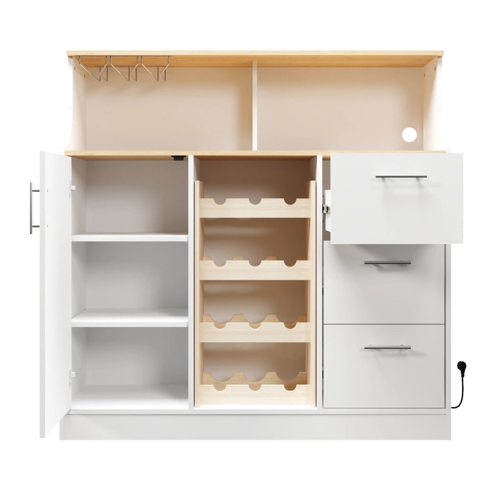 Credenza 120x40x121 cm con LED e presa integrata; MDF bianco e naturale