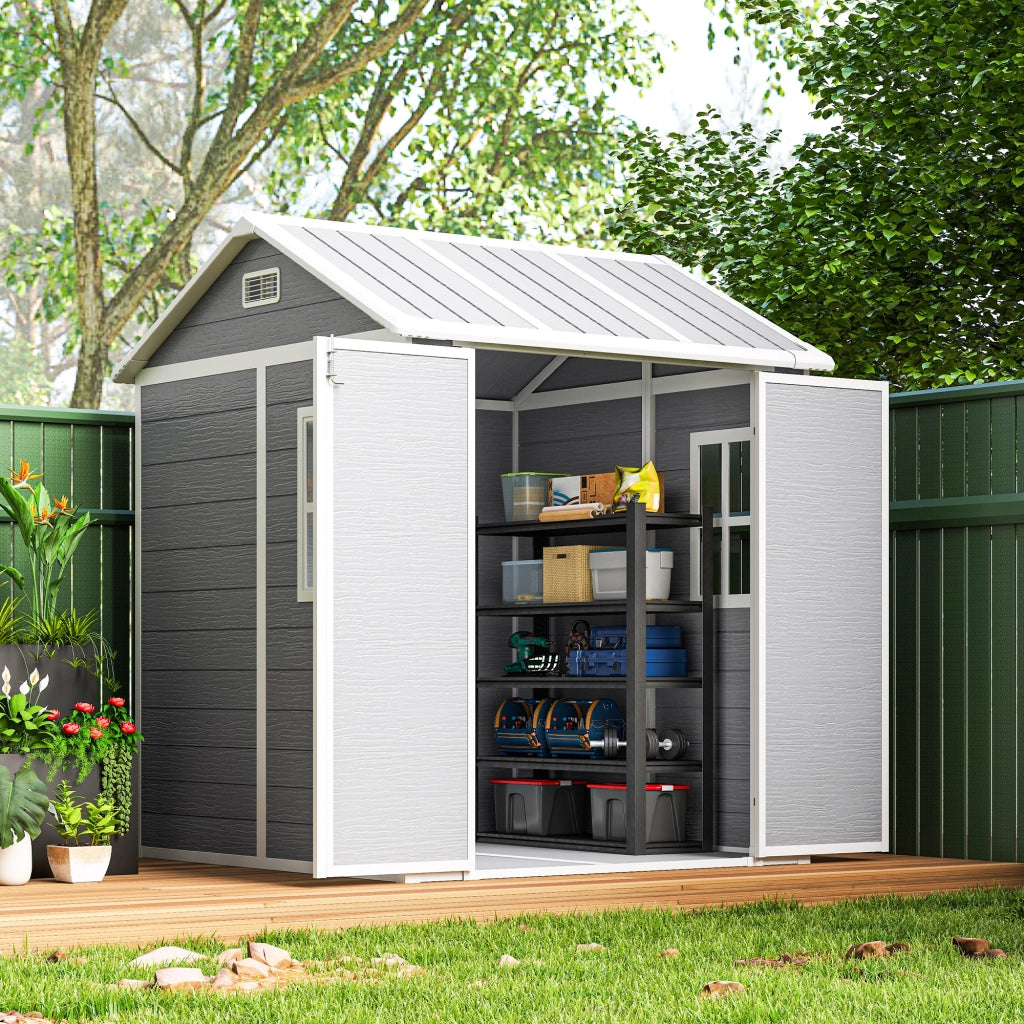 Casetta da Giardino in Resina ¨C Xylo ¨C Grigio, 2 Porte, Finestra, Pavimento, 1.8x1.8m