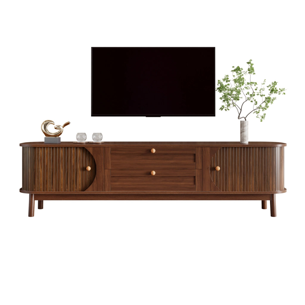 OKWISH Mobile TV con Ante Scorrevoli e Cassetti, Gambe in Legno, per Soggiorno, MDF, Noce, 170 x 39,5 x 46 cm