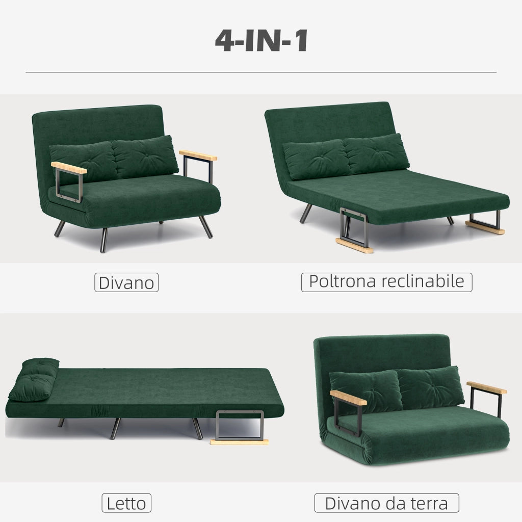 Divano letto 3 in 1 in tessuto effetto velluto con schienale regolabile e 2 cuscini ¨C Xylo ¨C Verde