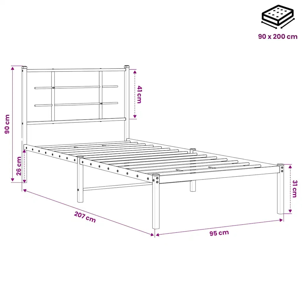 Letto singolo | Letto per adulti | Giroletto con Testiera in Metallo Nero 90x200 cm