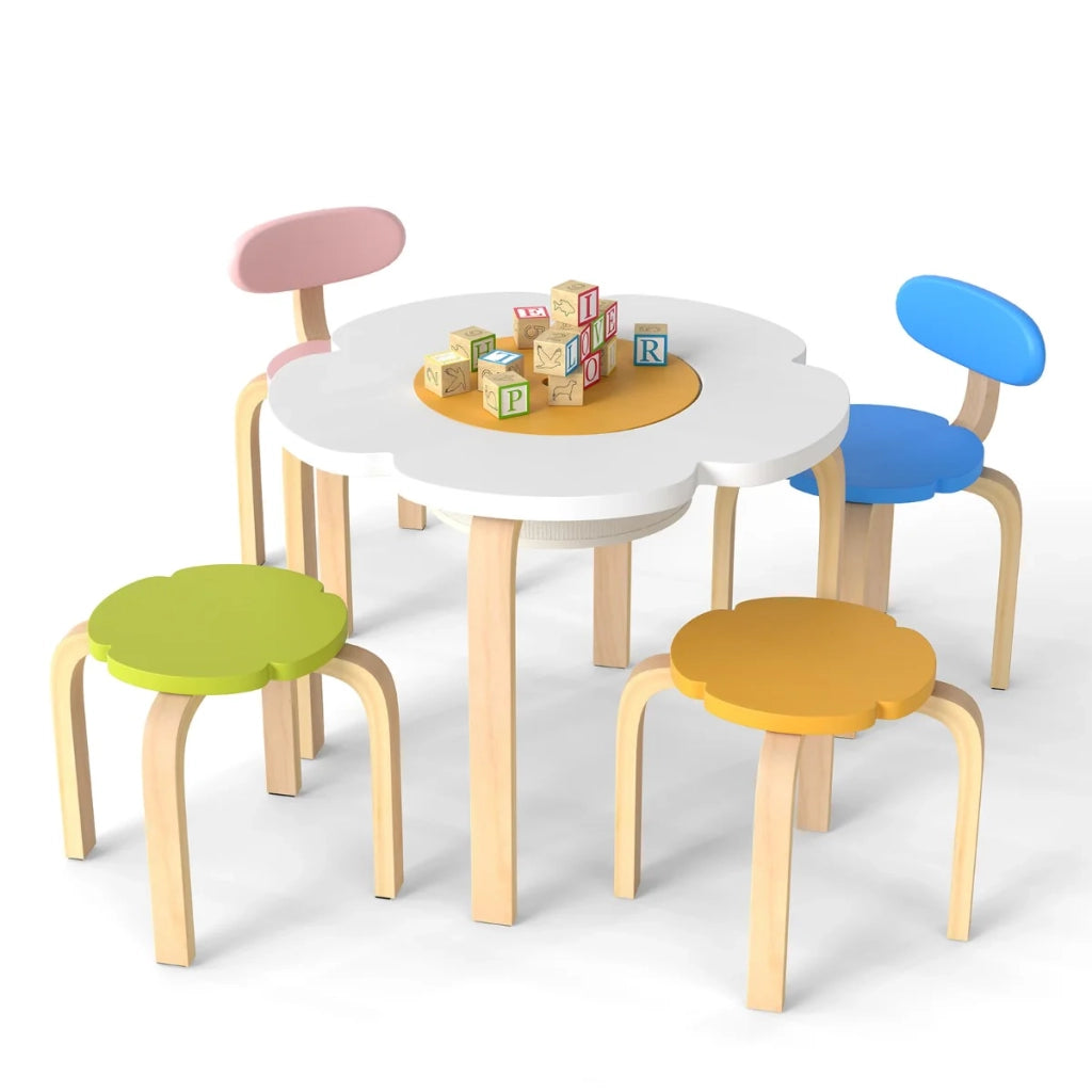 Set da tavolo per bambini a forma di fiore 60 x 60 x 45 cm spazio di archiviazione sicuro sedie comode design colorato realizzato in compensato multicolore 20_0017816