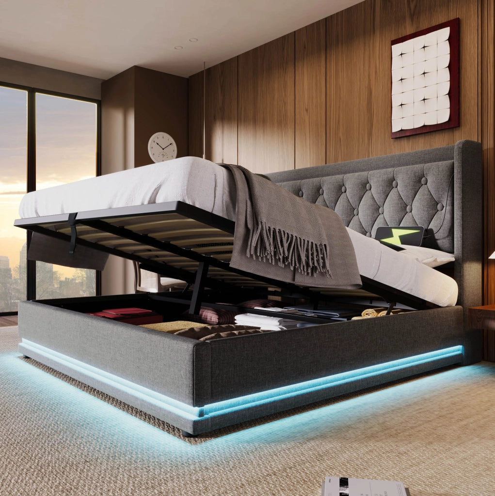 Letto contenitore 180x200 cm in cotone grigio con LED e USB,