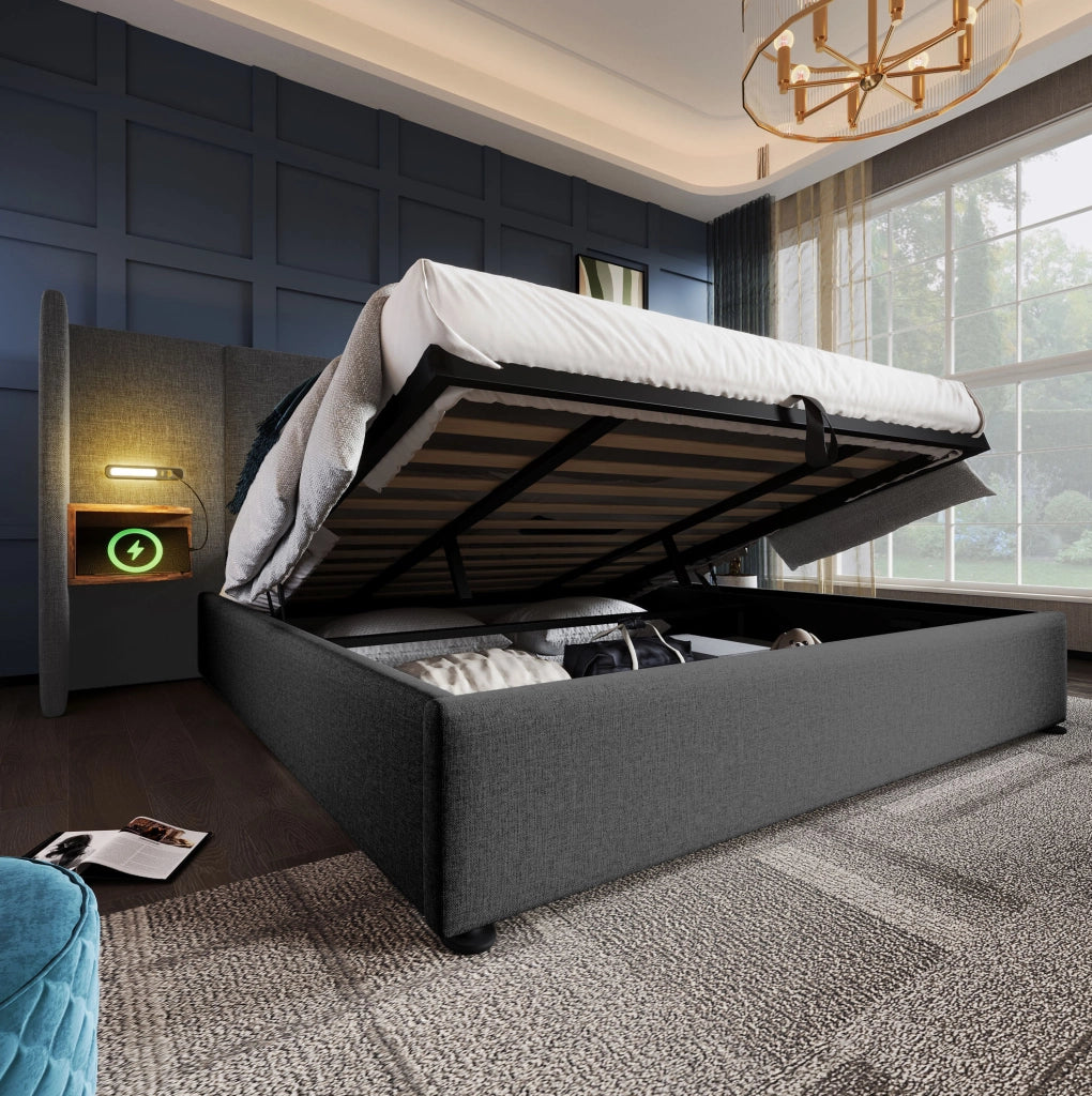 Letto matrimoniale imbottito con contenitore, lampada da lettura e ricarica USB Type-C
