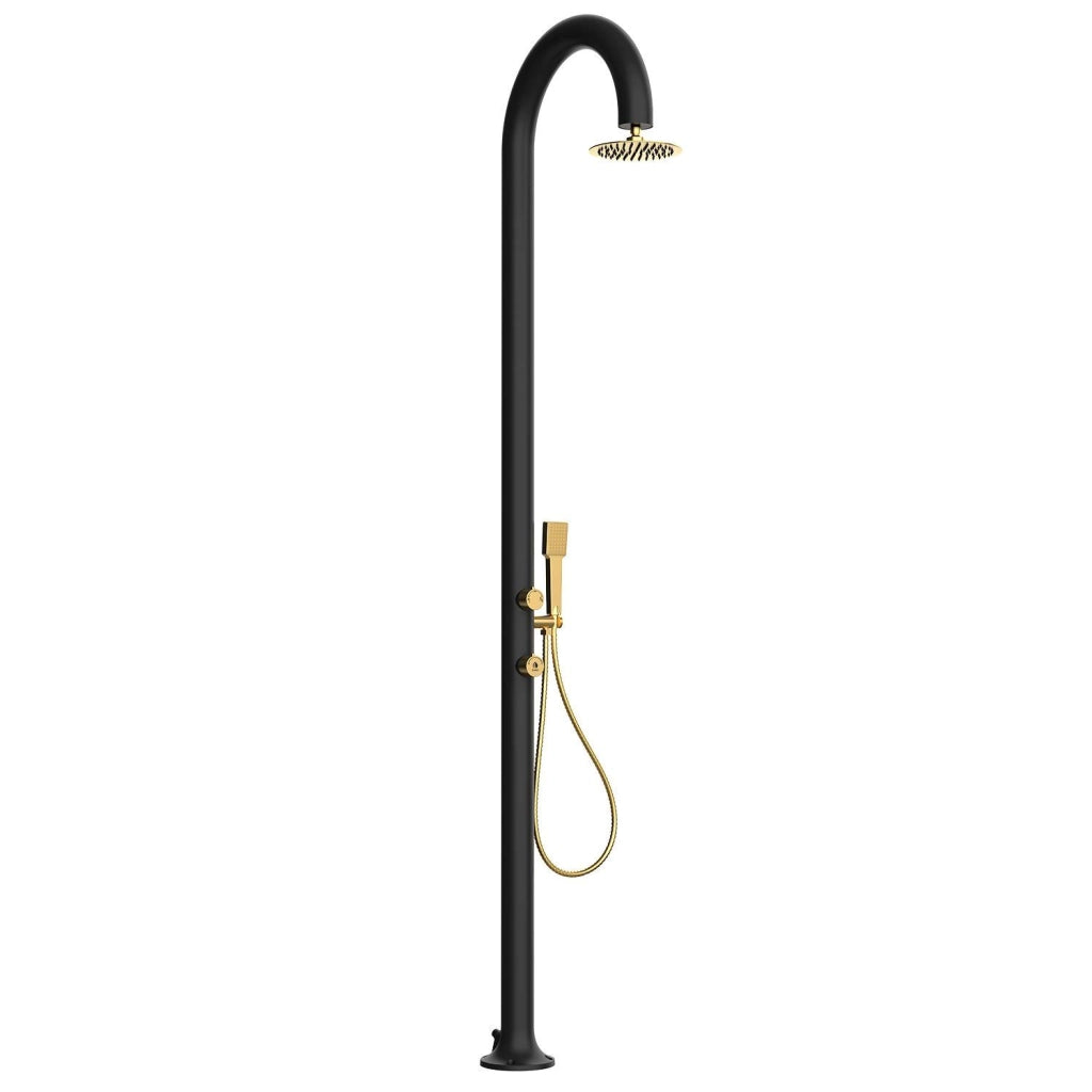 SINED Doccia in Alluminio Nero e Oro con Doccino Mobile per Acqua Calda e Fredda Soffione Rotondo Anticalcare Doppio Attacco Inferiore e Laterale Modello LUNA ALU D NERA ORO