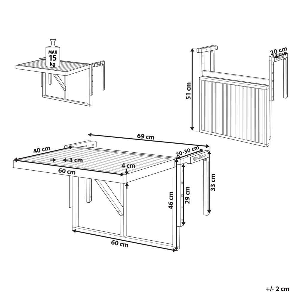 Tavolino da Balcone Sospeso in Legno di Acacia Scuro 60 x 40 cm