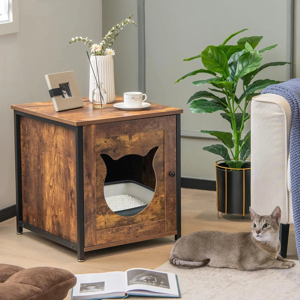 Mobile per Lettiera Gatti in Legno, Casetta con Ingresso a Forma di Gatto, Telaio in Metallo, Mobiletto Multiuso per Ingresso e Soggiorno, Adatto a Gatti Piccoli e Grandi