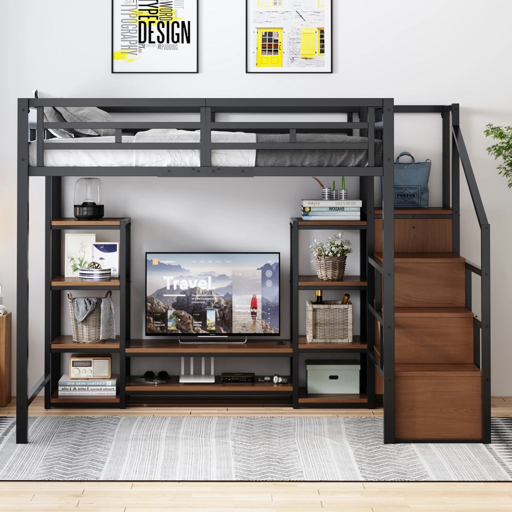 Letto a soppalco 140x200 cm con supporto TV; prese USB; scala di sicurezza e contenitore; metallo e legno nero
