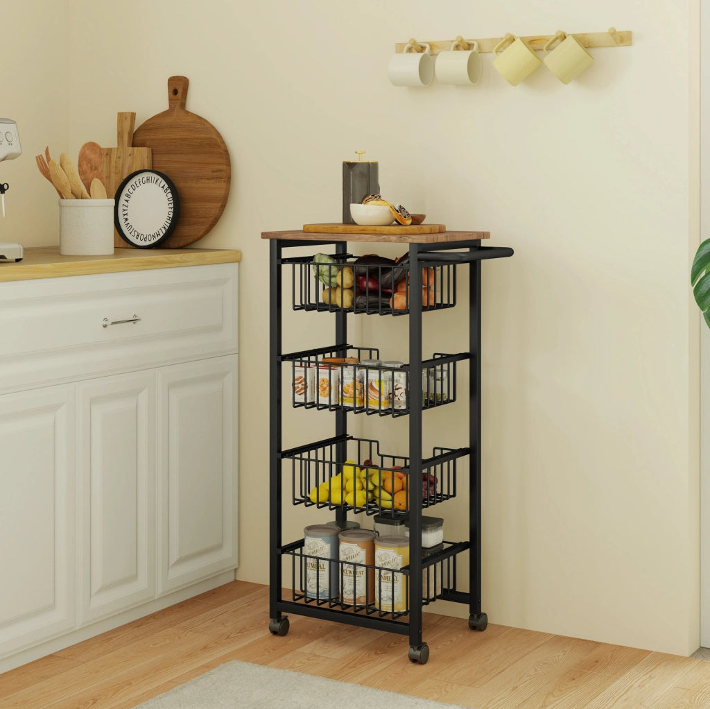 Carrello da cucina 49.5x31x91 cm con 4 cestelli estraibili e ruote; acciaio; naturale