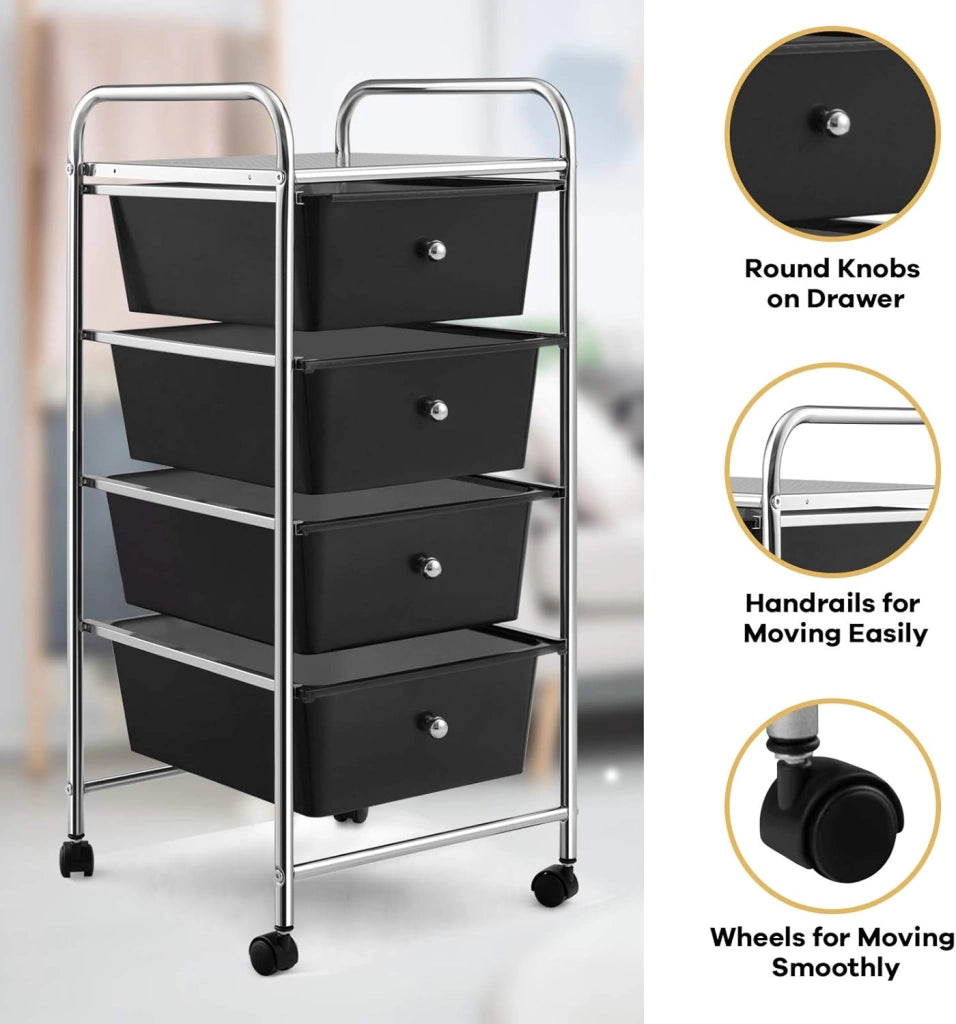 Carrello con 4 cassetti impilabili, carrello per cassetti, carrello da cucina con ruote, carrello portaoggetti, per cucina, bagno, ufficio, 32 x 37 x 76 cm (nero)