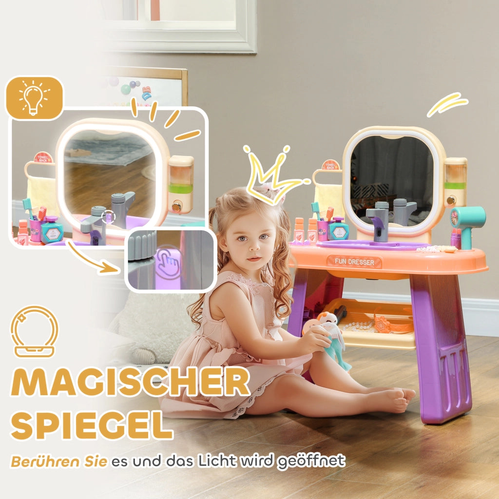 Tavolo trucco bambini con LED, specchio e rubinetto ¨C zephmum ¨C lilla 55x29x71