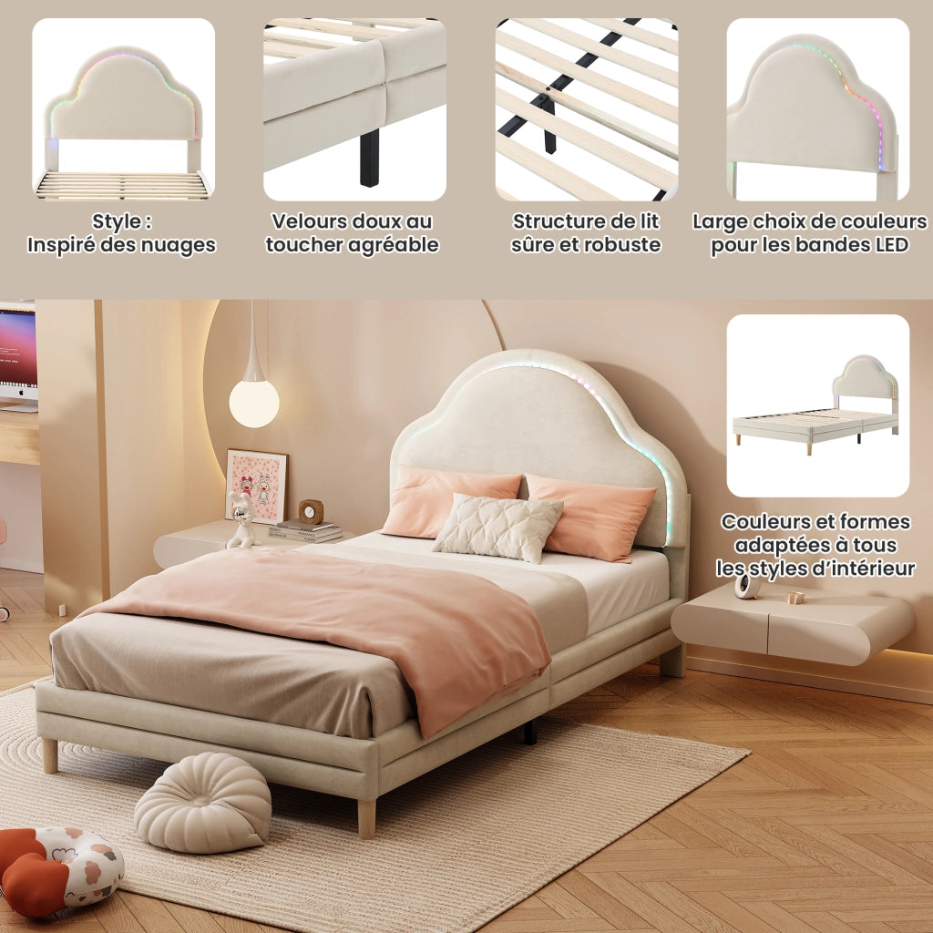 Letto Singolo per Bambini con LED Regolabile e Testiera a Nuvola; 90×200 cm; Senza Materasso; Beige