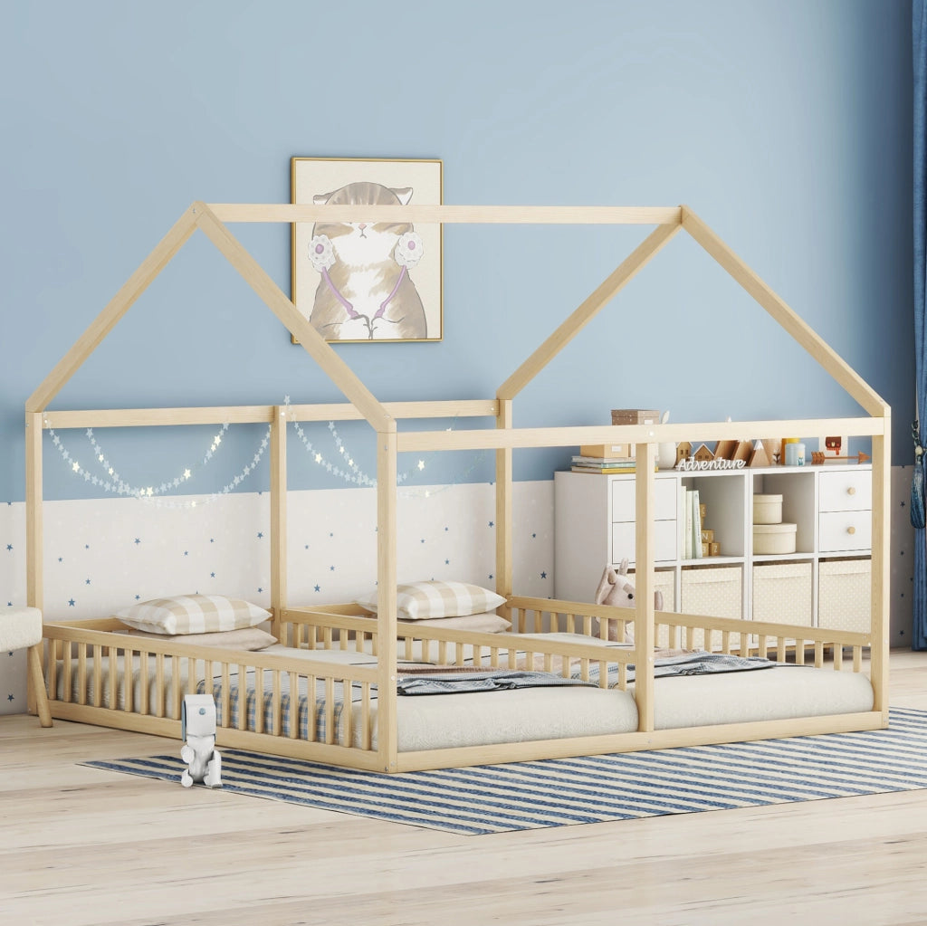 Letto a casetta 90x200 cm 2 in 1; con sponde; pino e MDF; colore naturale