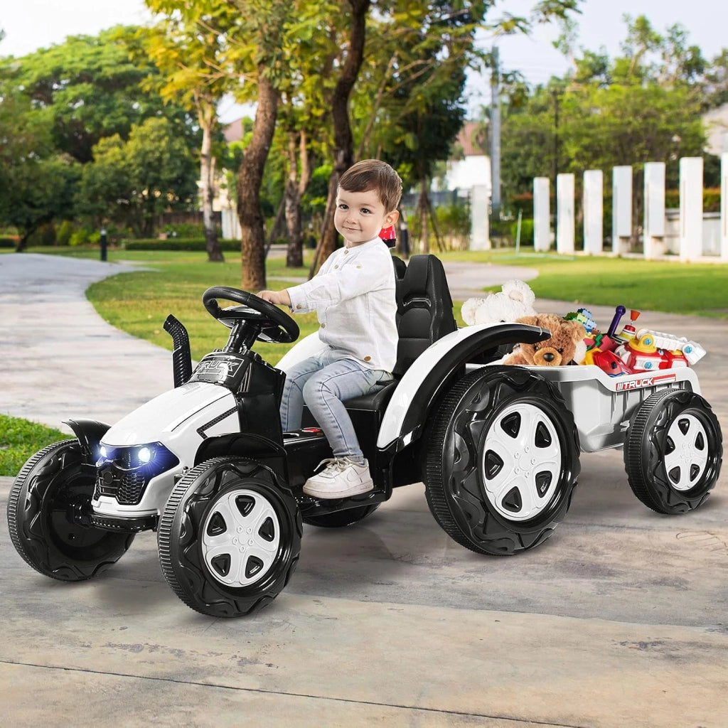 Trattore Elettrico per Bambini con Rimorchio, 2 in 1 Go Kart e Trattore per Bambini 3-8 Anni, con Telecomando e Cintura di Sicurezza a 2 Punti (Bianco)