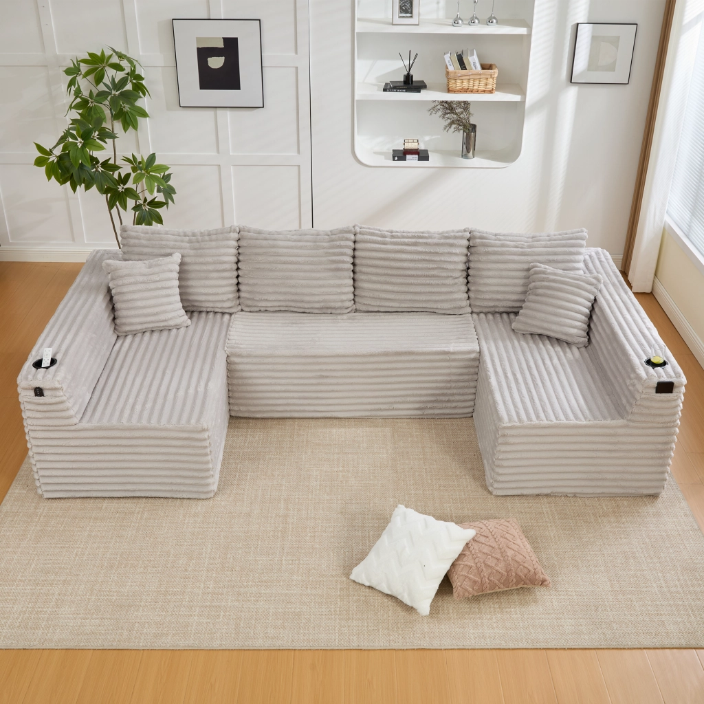 Divano modulare a U in velluto a coste con portabicchieri e tasche laterali, ergonomico, grigio chiaro