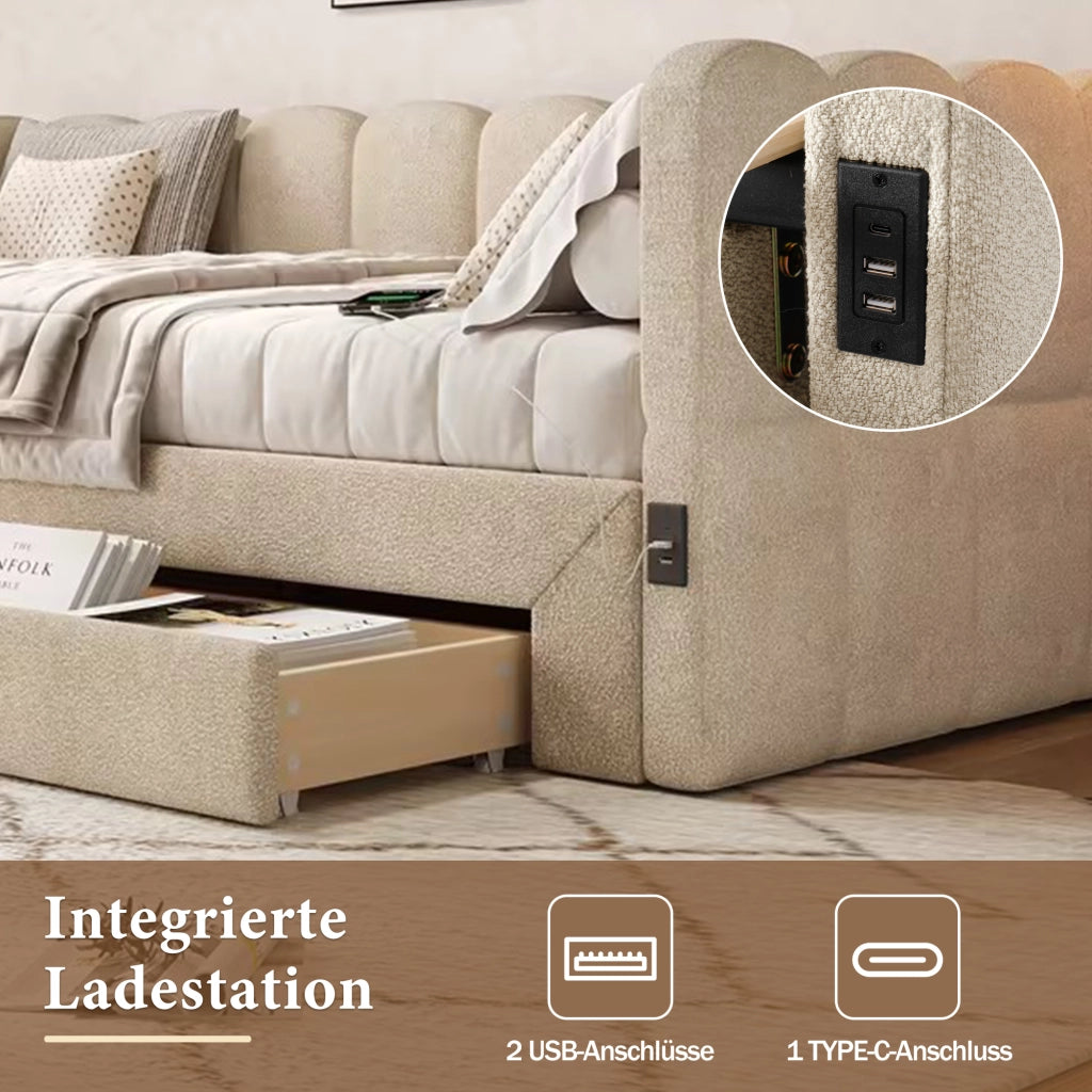 Divano letto con letto estraibile e cassetti, 90x190 cm, chenille beige