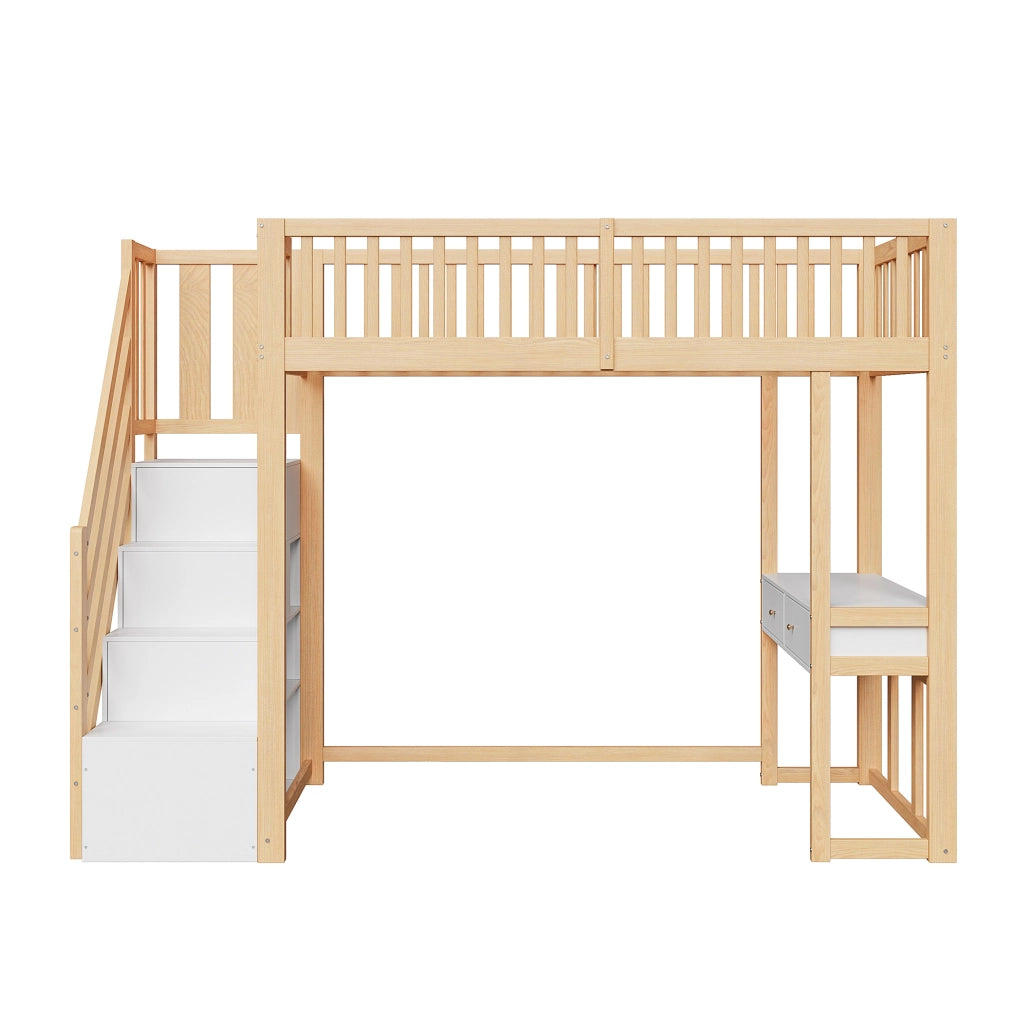 Letto a soppalco 90x200 cm con tavolo multifunzione e scala contenitore in legno bianco e rovere chiaro