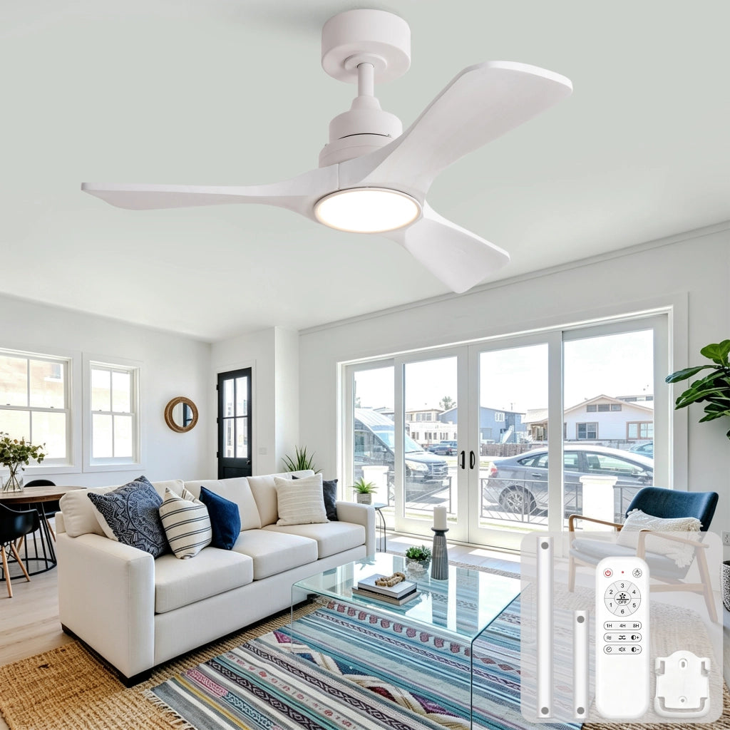Ventilatore da soffitto bianco puro 36 pollici, 3 pale ad elica rinforzate in legno massello, motore DC reversibile silenzioso, design moderno