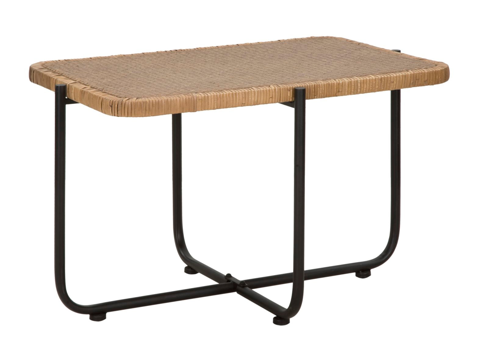 Tavolino Basso 75x55x46,5 cm in Metallo con Piano in Rattan