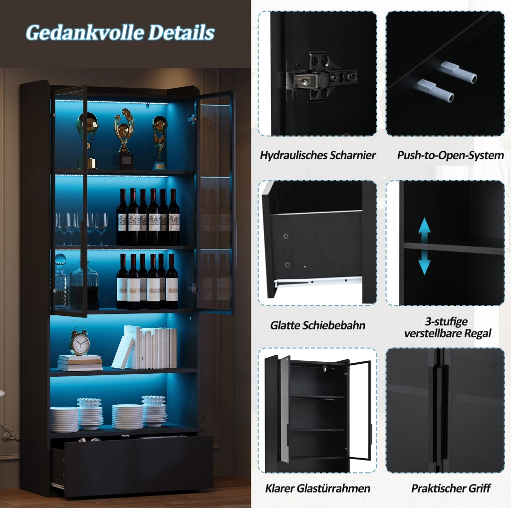 Vetrina alta 80 x 34 x 180 cm con LED; 1 cassetto; ante in vetro; nero
