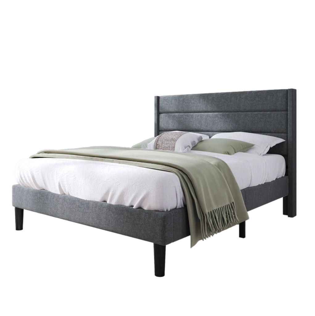 Letto matrimoniale imbottito 140x200 cm con rete a doghe e materasso 7 zone; lino grigio