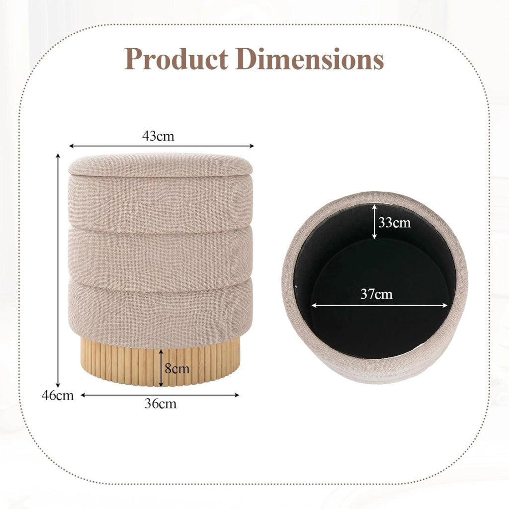 Pouf con Contenitore, Scatola Portaoggetti Rotonda con Coperchio, Pouf Poggiapiedi Imbottito con Legno di Pino, Panca Contenitore per Camera da Letto, Ø 43x46 Cm, Beige