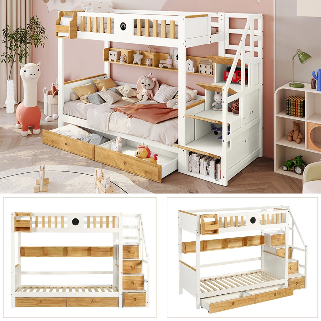Letto a Castello 90x200 cm; Letto Singolo 2 Posti; Scala Contenitore; 2 Cassetti; Bianco e Naturale