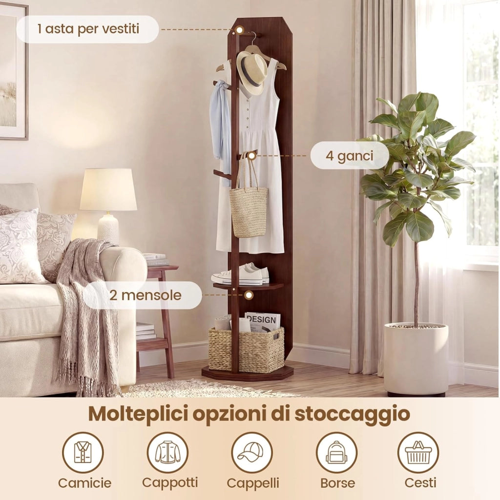 Appendiabiti Girevole a 360° con Specchio, Specchio a Figura Intera da Terra con Ripiani e Ganci, Appendiabiti per Soggiorno, Camera da Letto e Guardaroba (Stile 1)