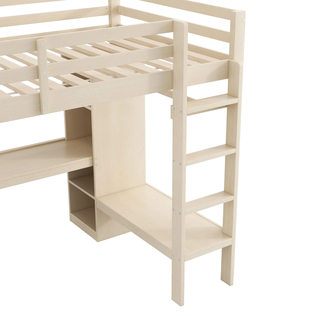 Letto a Soppalco 140x200 cm; Letto Singolo - Scrivania; LED; USB - in Legno - Naturale