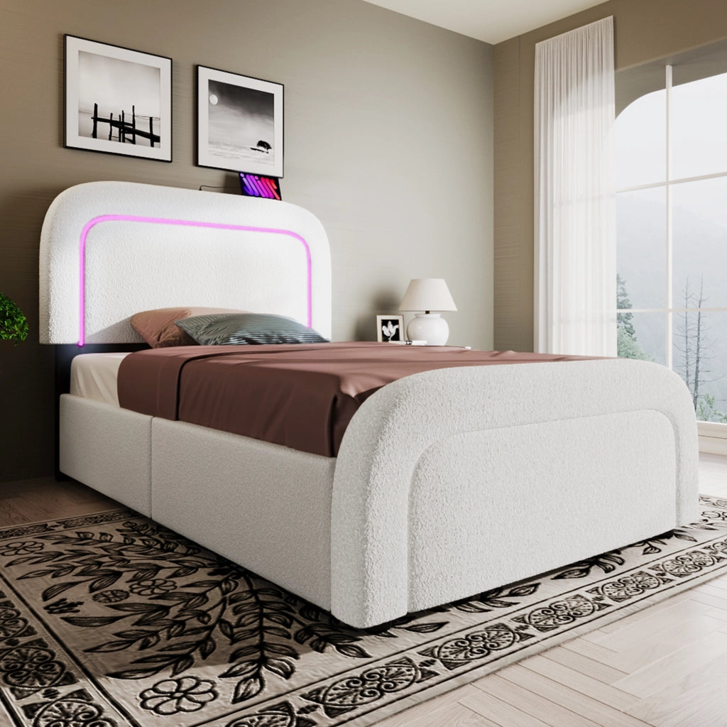 Letto con Cassetti Singolo; USB; Tipo C; LED e 2 Cassetti 90 x 200 cm; senza Materasso; Sherpa Bianco