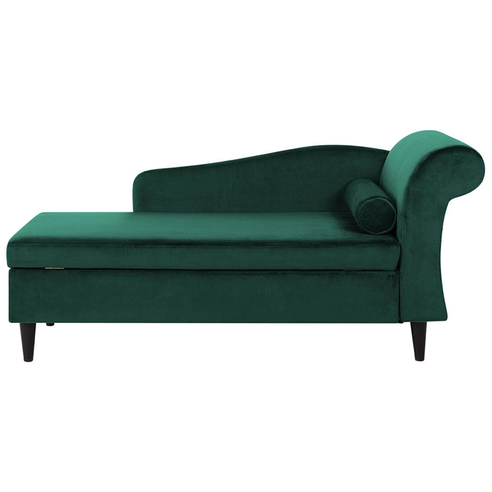 Chaise longue rivestimento in velluto verde con contenitore a versione destra con cuscino