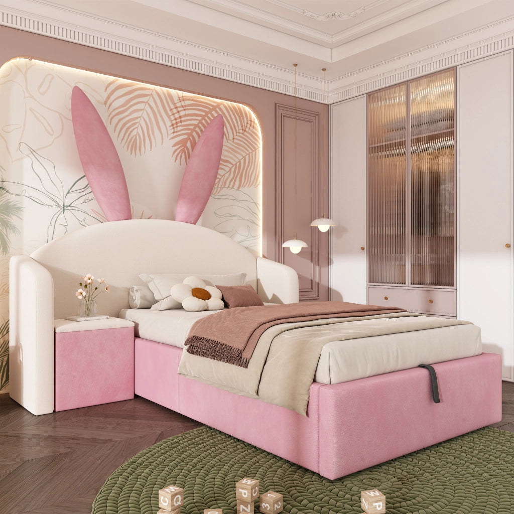 Letto per bambini 90 × 200 cm con contenitore idraulico, comodino reversibile, senza materasso, velluto, beige e rosa