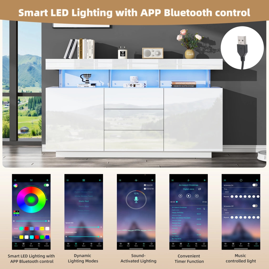 Credenza con 3 cassetti; 2 ante e illuminazione LED - 140 x 35 x 80 cm - bianco