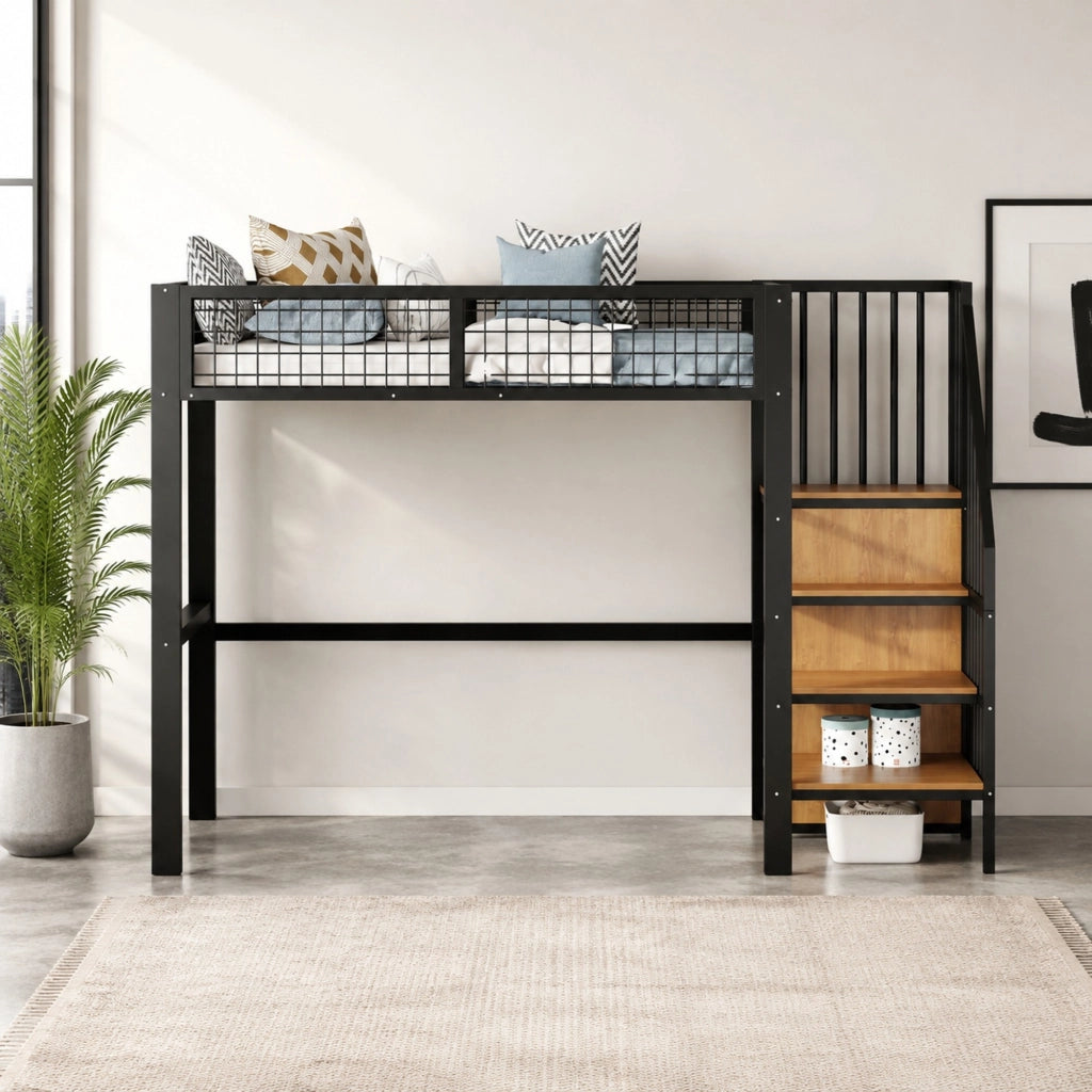Letto a soppalco 90x200 cm in metallo con scala di sicurezza e armadio integrato, nero