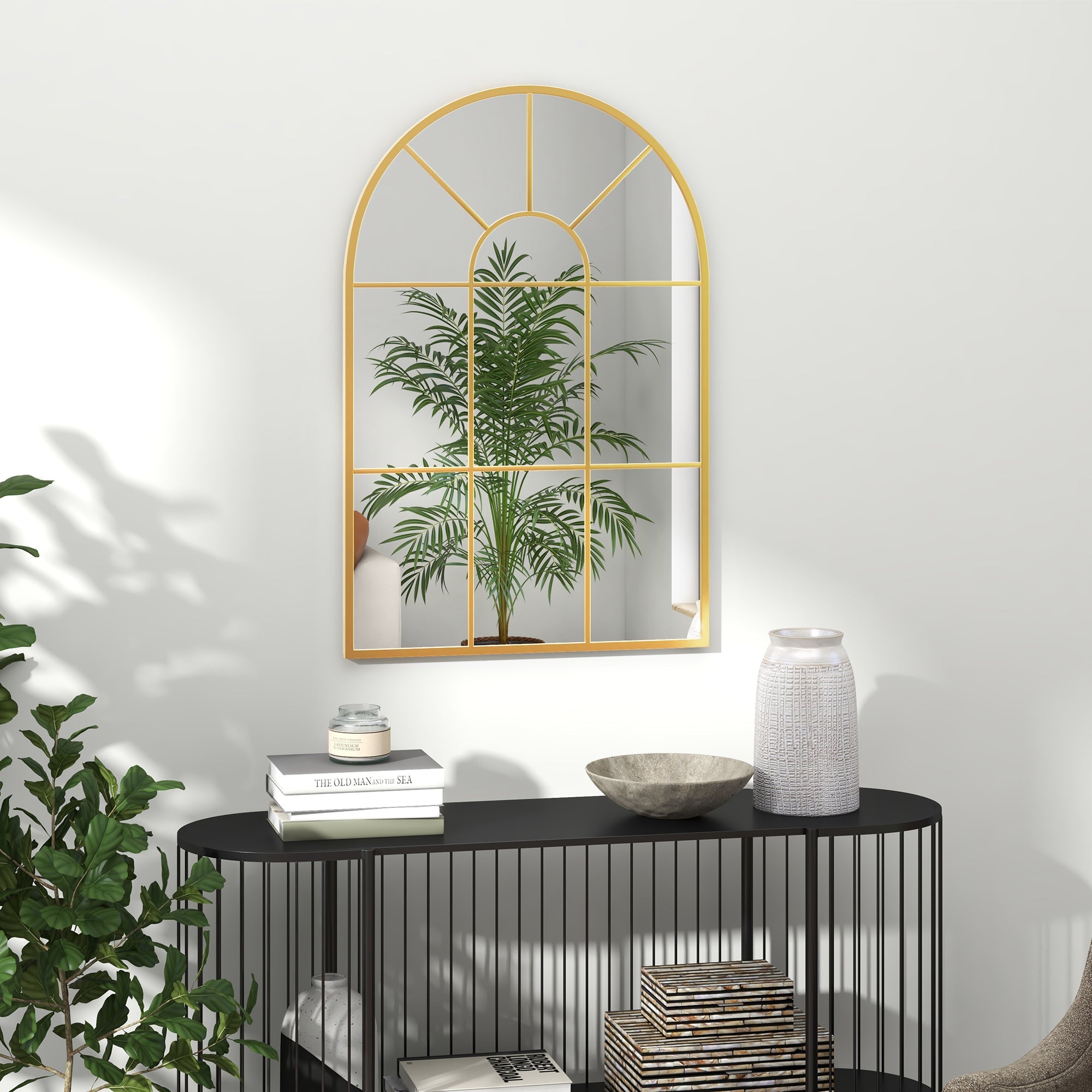 Specchio da Parete ad Arco 91x2x60 cm Stile Moderno in Vetro e Metallo Oro